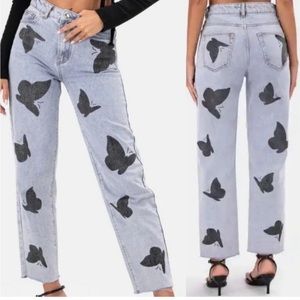 Adika Women's Light Wash Butterfly Print Ankle Mom Jeans Size M NWT